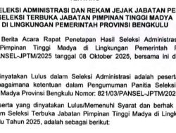 8 Peserta Lulus Seleksi Administrasi JPT Madya Pemprov Bengkulu, Lanjut Tahap Penulisan Makalah 10 Oktober
